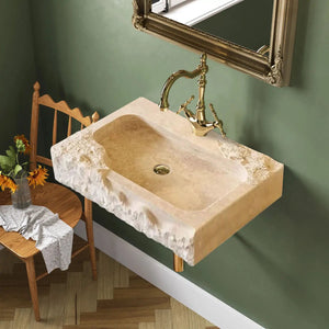 Beige travertine rectangular wall-mount bathroom sink by Villohome with brass faucet