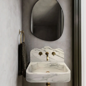 Calacatta White Marble Wall-Mount Bathroom Sink with arabesque backsplash by Villohome