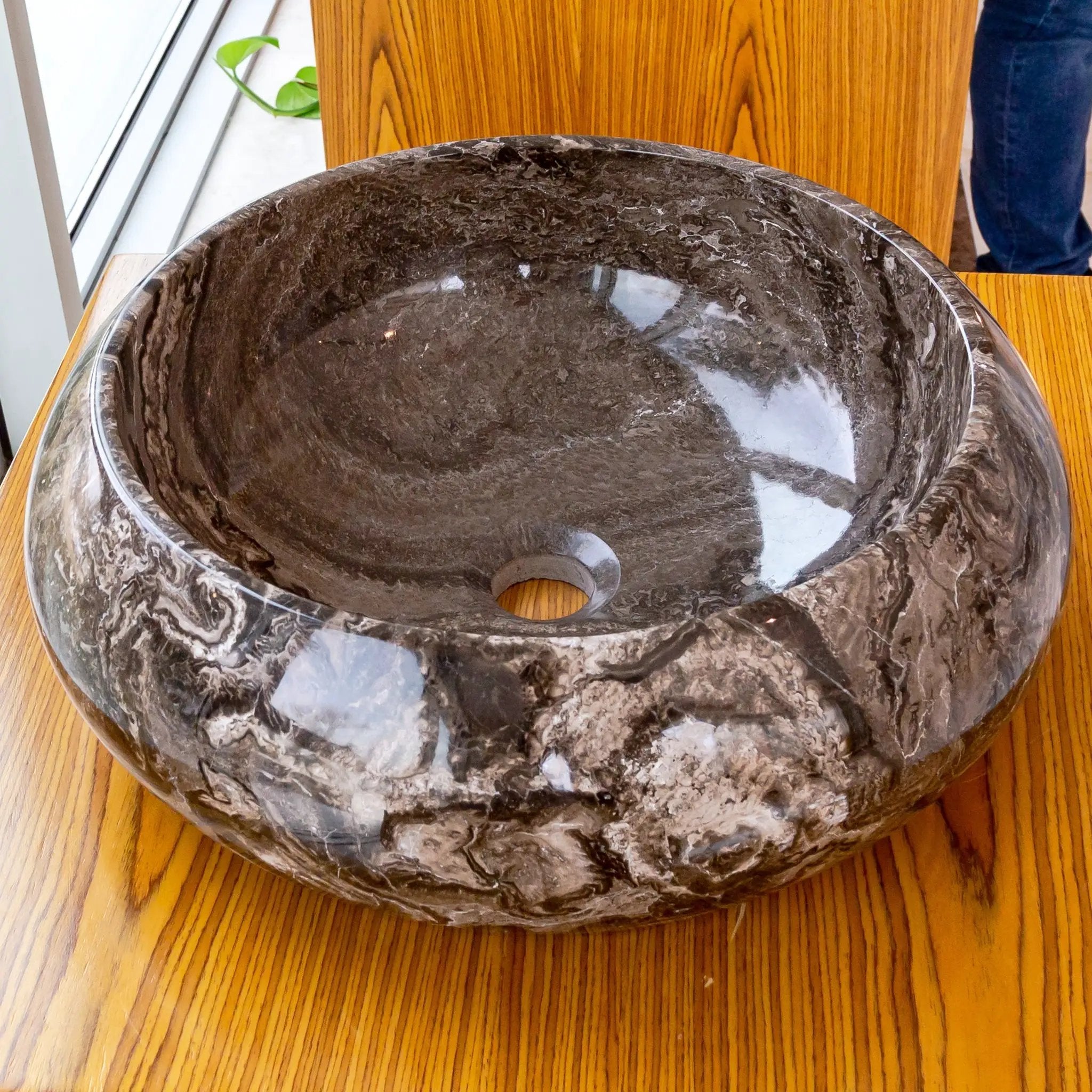 Narcist brown marble vessel sink with high-gloss polished finish