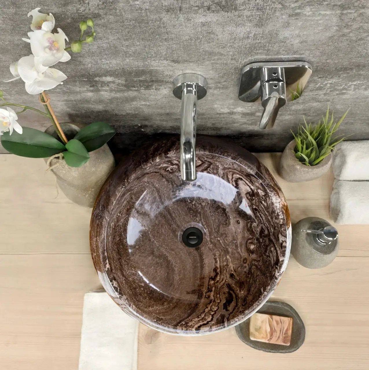 Narcist Brown Marble Vessel Sink by Villohome; high-gloss polished brown marble with chrome faucet