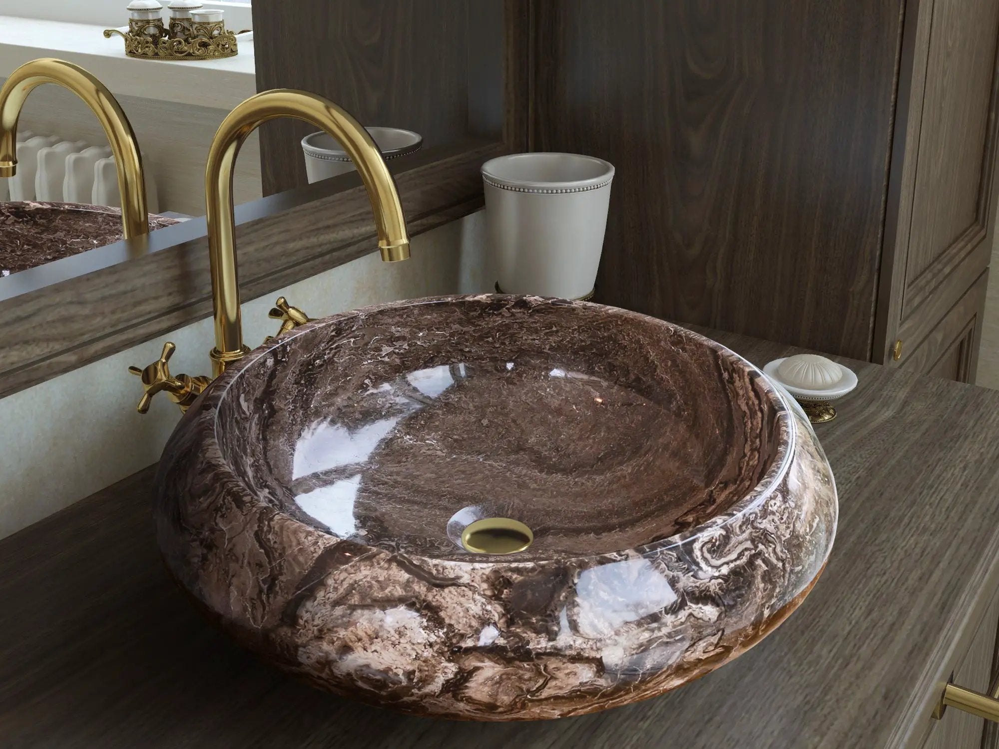 Narcist brown marble vessel sink with high-gloss finish and gold faucet