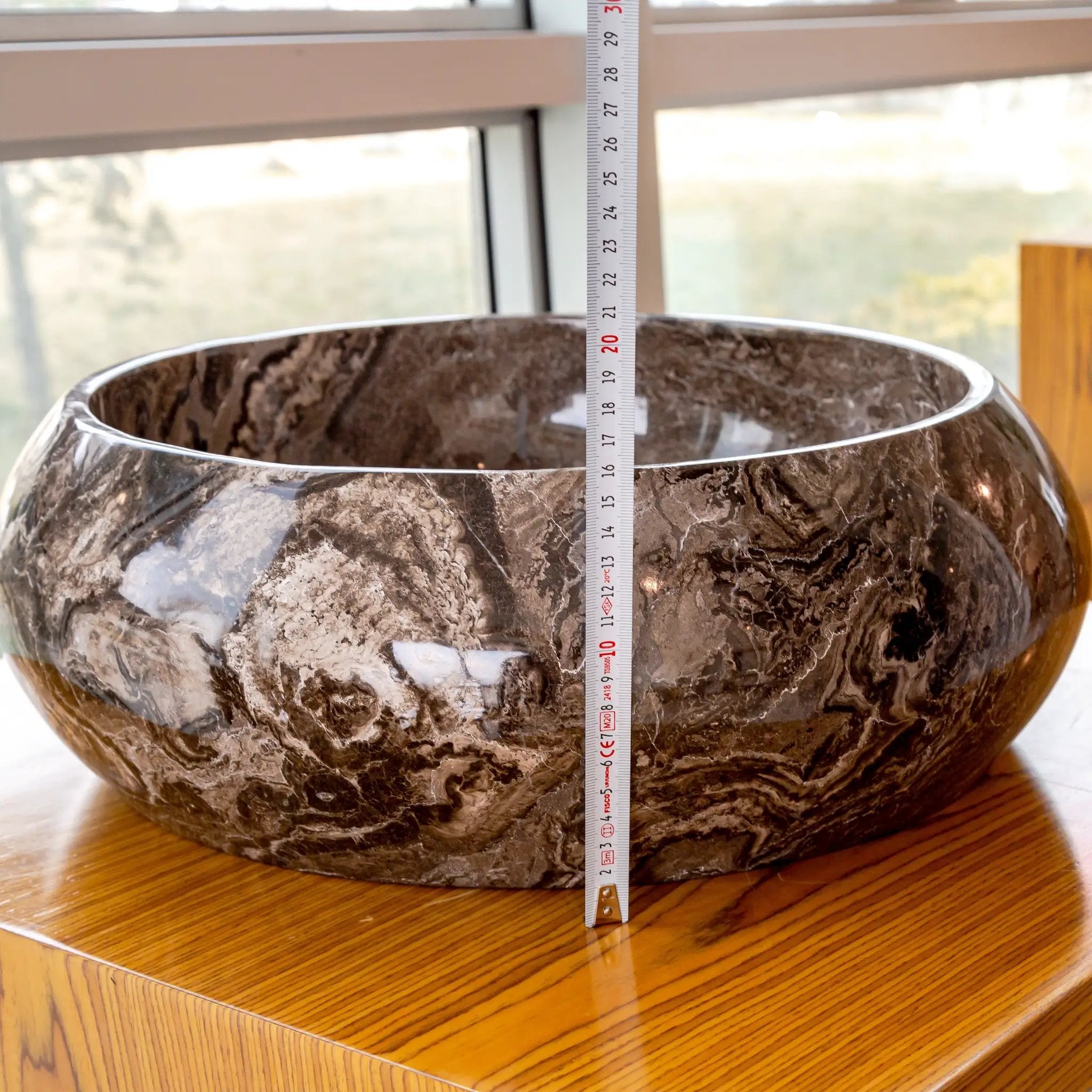 Narcist brown marble vessel sink by Villohome, high-gloss polished finish