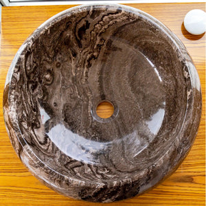 Narcist brown marble vessel sink, high-gloss polished finish, round basin