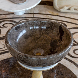 Narcist brown marble vessel sink, natural stone, high-gloss polished finish, 16 in diameter by 6 in high