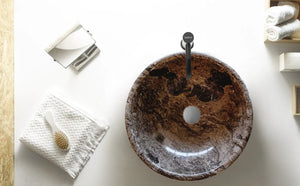 Narcist Brown Marble Vessel Sink with high-gloss finish, 16in diameter, 6in height; bathco faucet