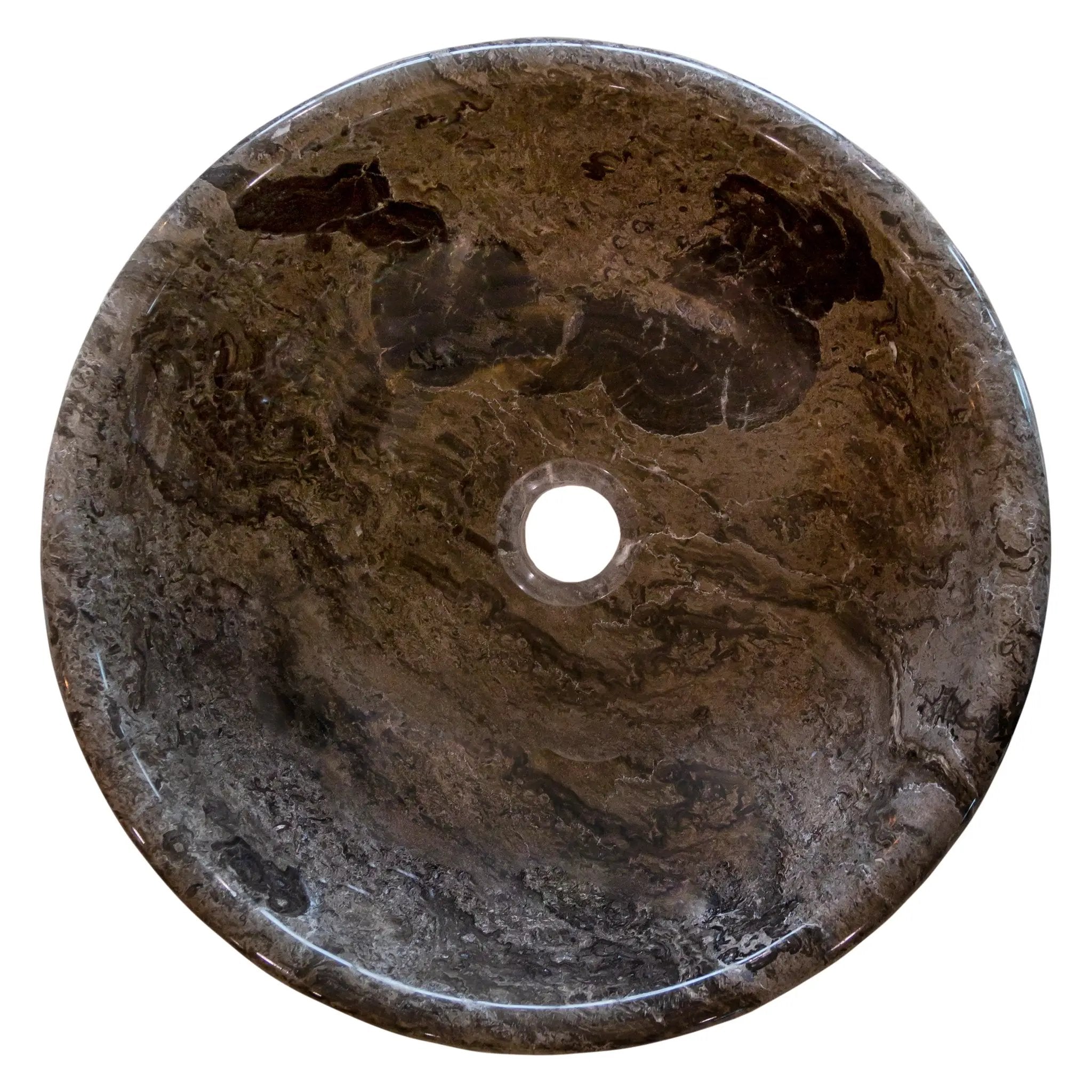 Narcist Brown natural stone marble vessel sink, high-gloss finish by Villohome, 16-inch diameter