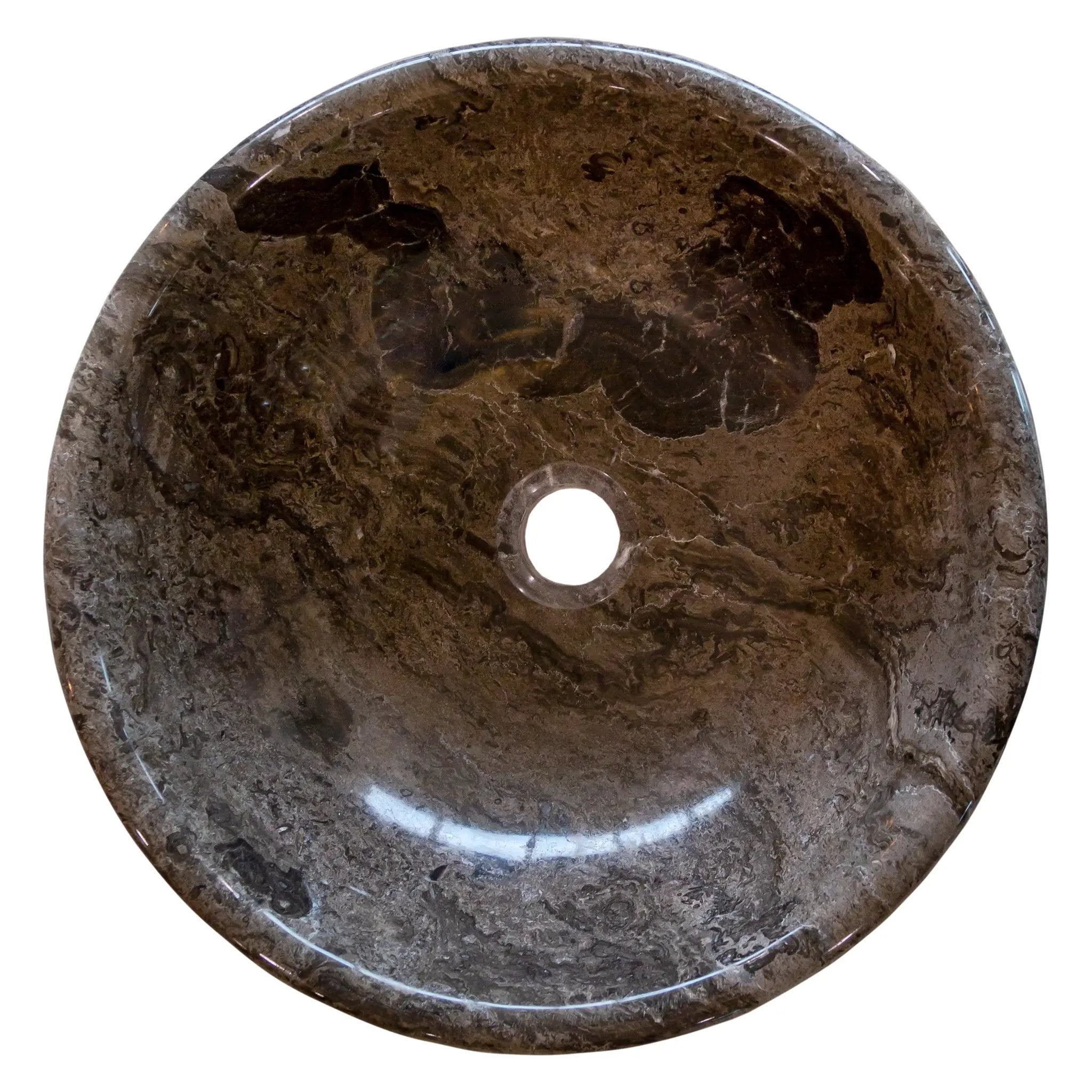 Brown natural marble vessel sink, round, high-gloss polished, 16-inch diameter with center drain