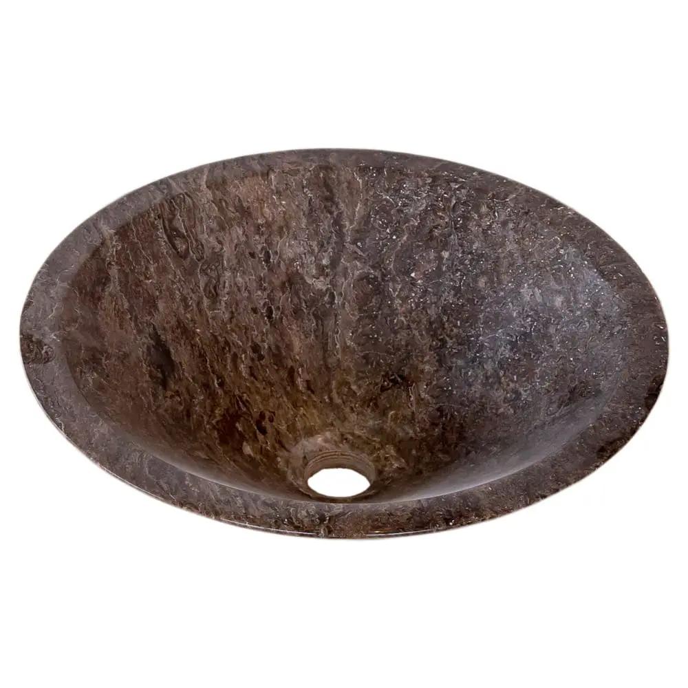 Narcist brown marble V-shape sink basin by Villohome, tapered and polished, 16in diameter