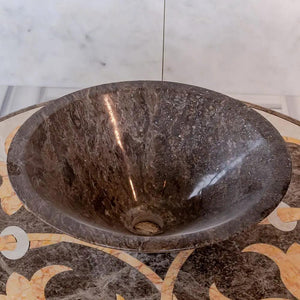 Narcist brown marble vessel sink, polished dark brown with veining