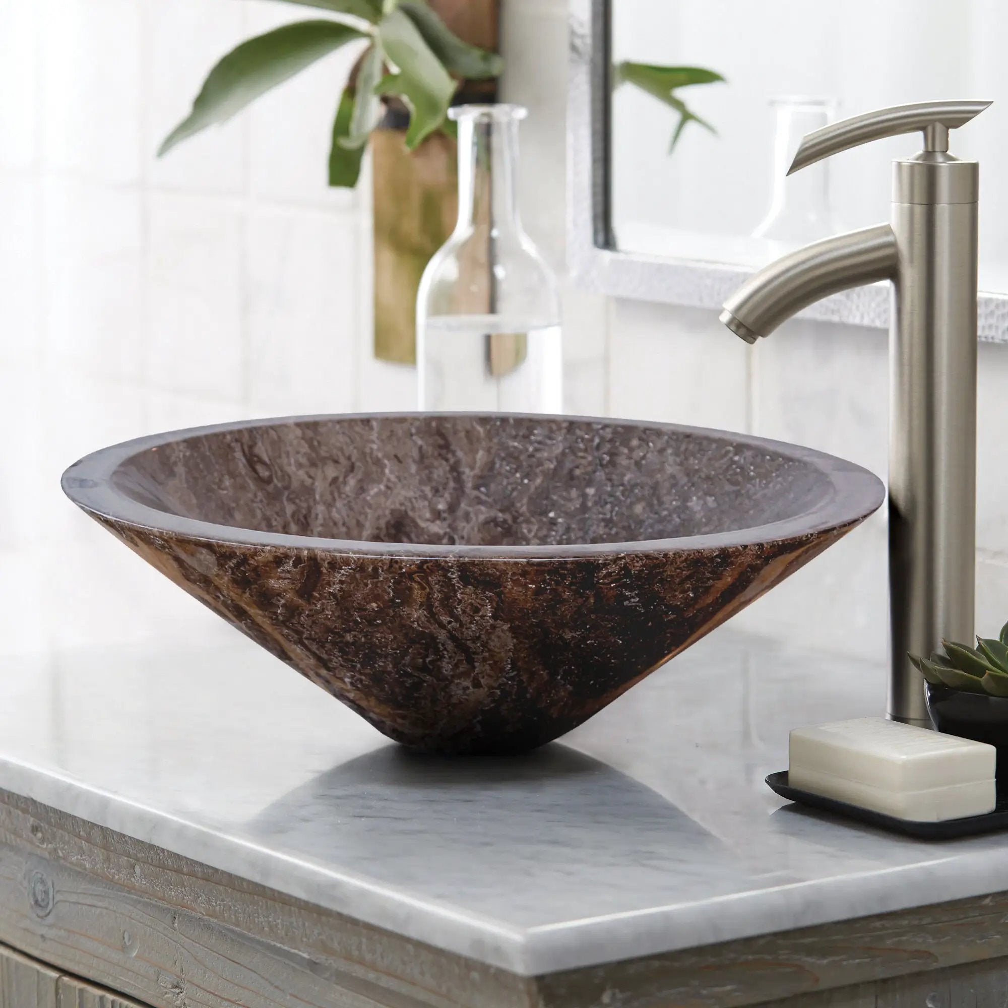 Narcist brown marble V-shape tapered sink vessel, 16-inch diameter, 6-inch height, Villohome