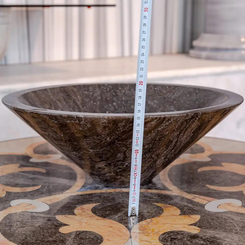 Narcist brown marble V-shaped tapered sink, polished, 16-inch diameter, 6-inch height.