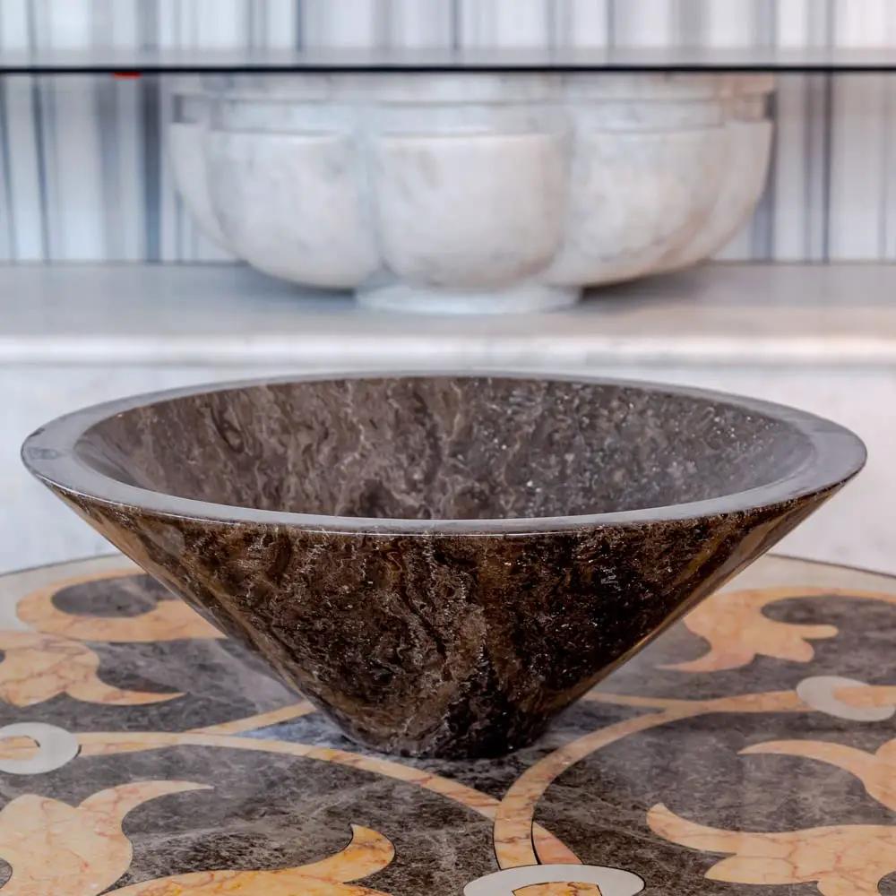Villohome Narcist brown marble V-shape tapered sink, polished interior, 16 inch diameter, 6 inch depth