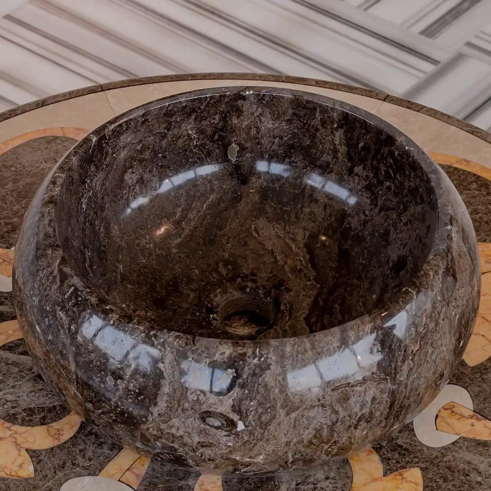 Narcist Brown Marble Vessel Sink by Villohome, high-gloss polished round stone bowl.
