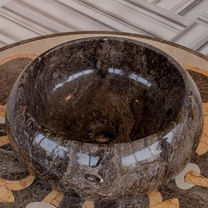 Narcist Brown Marble Vessel Sink by Villohome, high-gloss polished round stone bowl.