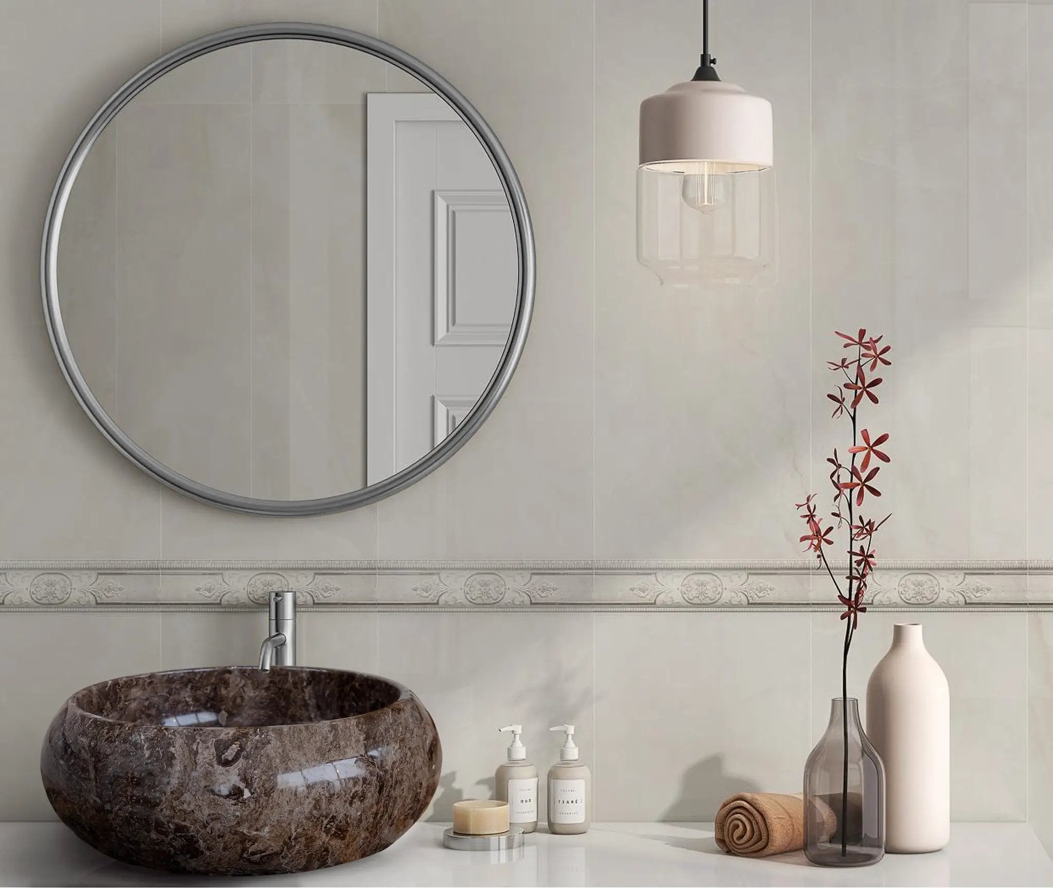 Narcist brown marble vessel sink by Villohome; high-gloss polished round basin on bathroom vanity.