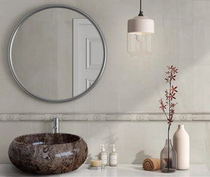 Narcist brown marble vessel sink by Villohome; high-gloss polished round basin on bathroom vanity.