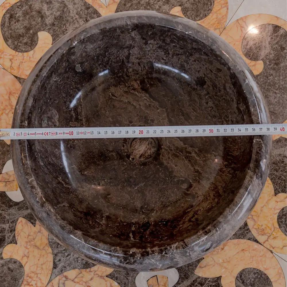 Narcist brown marble vessel sink by Villohome, high-gloss polished round basin, ~40 cm diameter