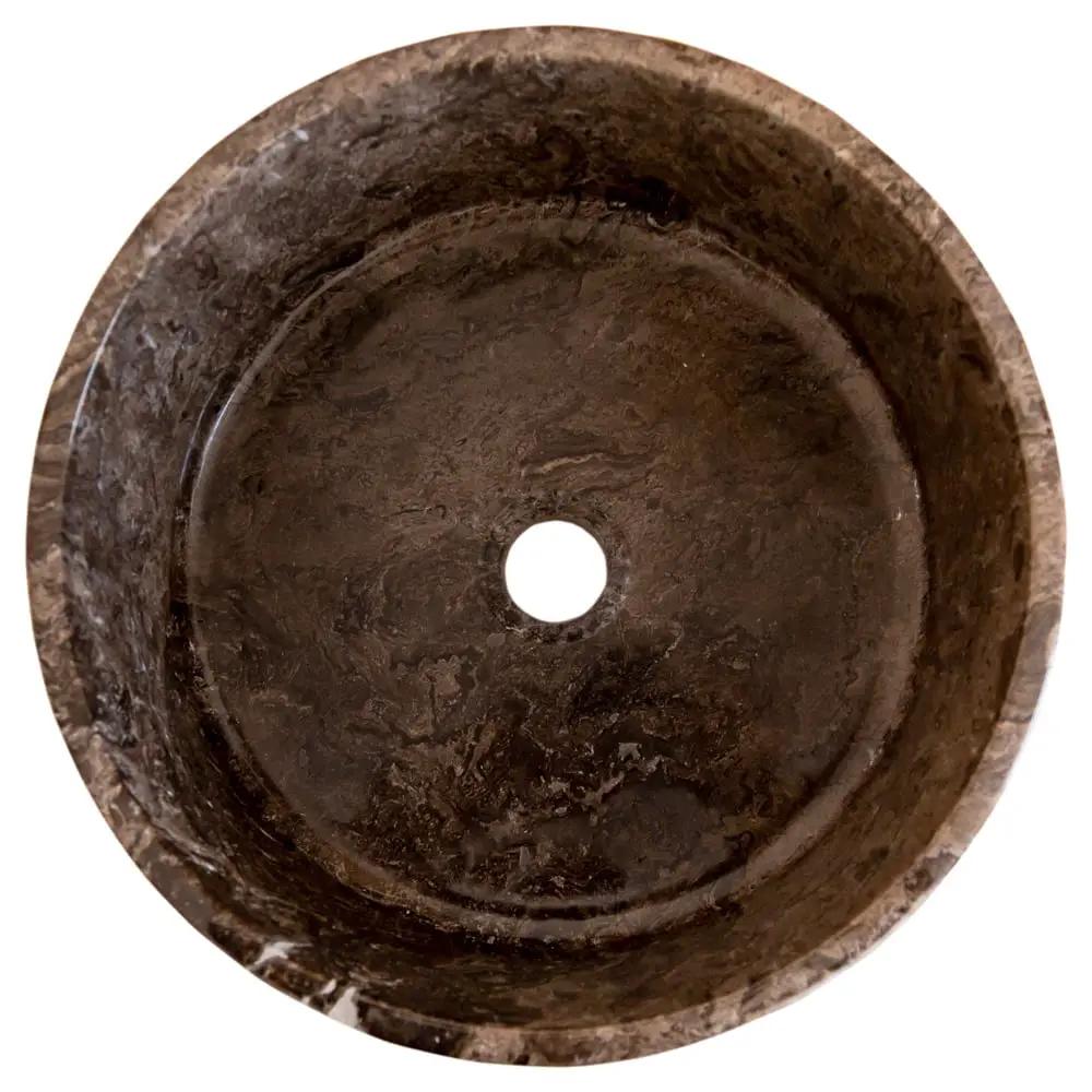 Narcist brown marble vessel sink by Villohome; round, high-gloss, 16-inch diameter with center drain.
