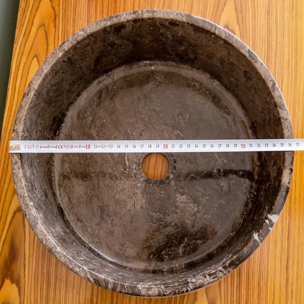 Narcist brown marble vessel sink, circular bowl with high-gloss polished finish, 16-inch diameter