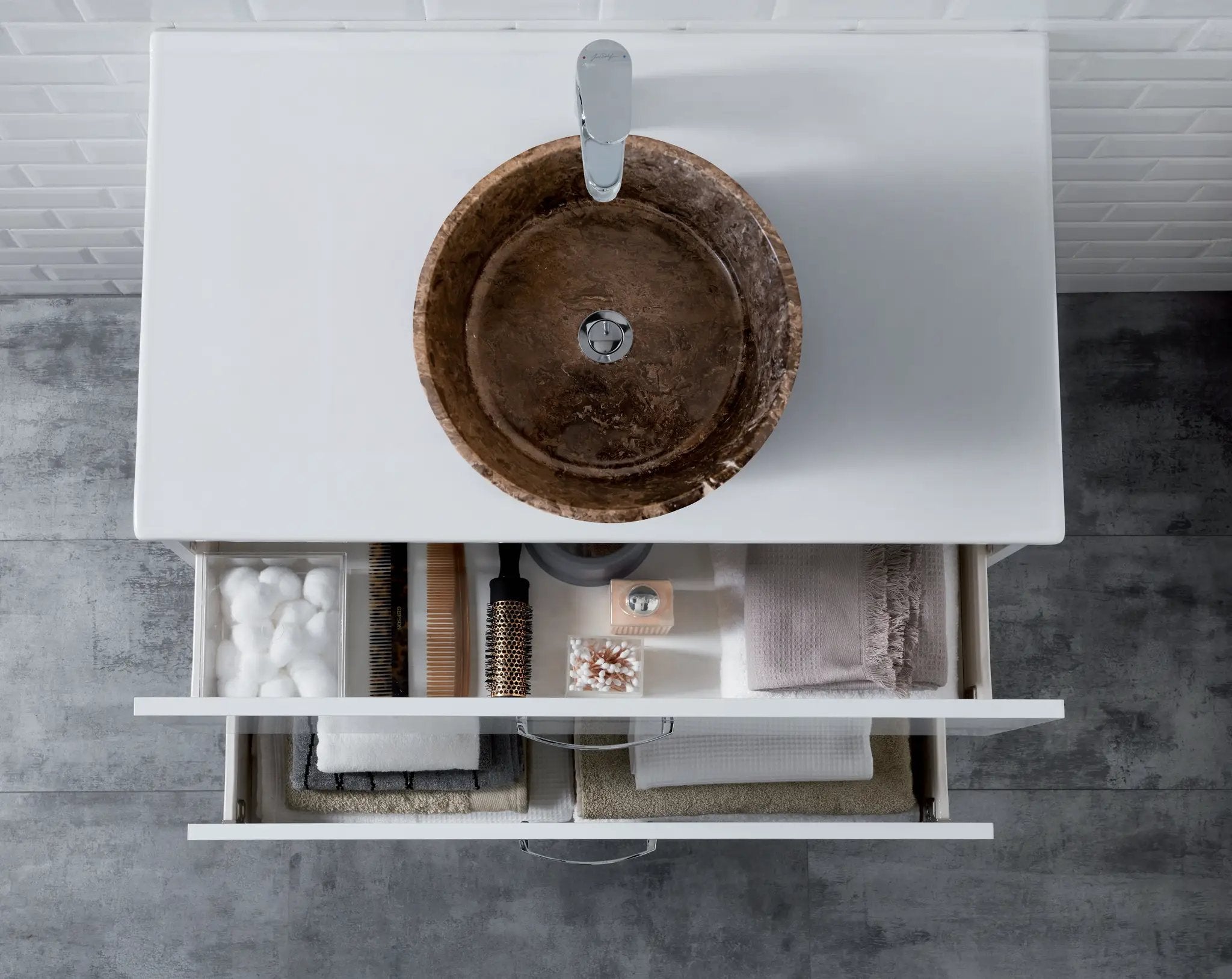Narcist brown marble vessel sink on white vanity with chrome faucet; high-gloss polished, 16in diameter x 6.5in tall, Villohome