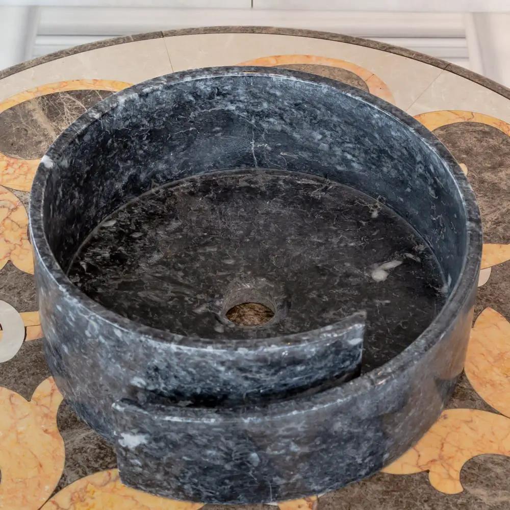 Stone sink, black marble design; round above-vanity bathroom vessel, polished finish, 16in diameter x 6in height