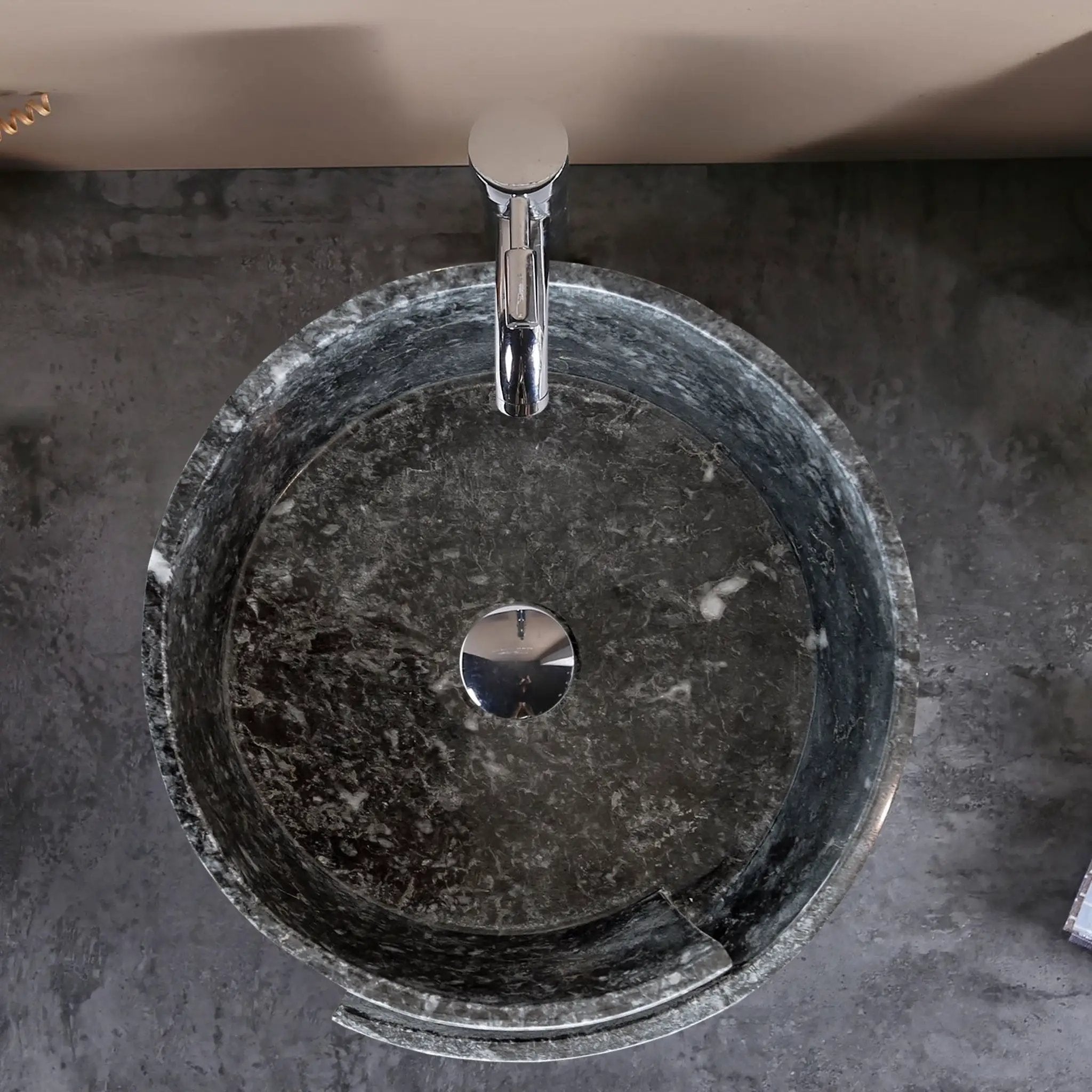 Natural stone black marble bathroom sink, 16-inch round above-vanity basin with polished chrome faucet