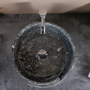 Natural stone black marble bathroom sink, 16-inch round above-vanity basin with polished chrome faucet