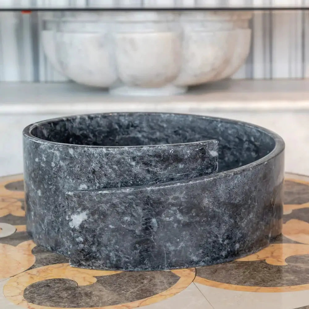 Villohome natural stone black marble above-vanity bathroom sink, circular 16in diameter, polished finish.