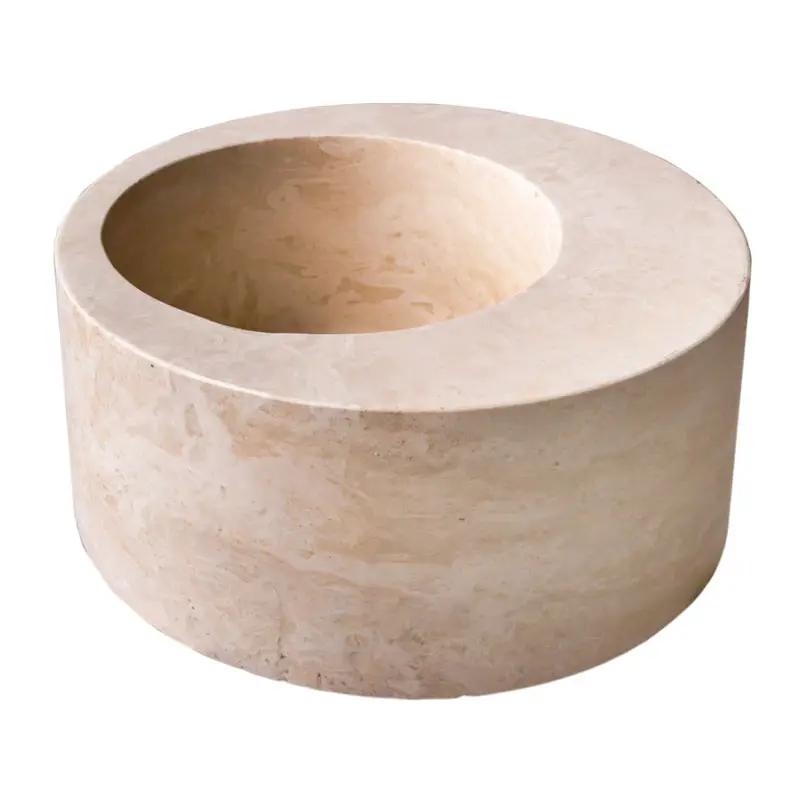 Villohome natural travertine bathroom sink, light beige circular above-counter vessel.
