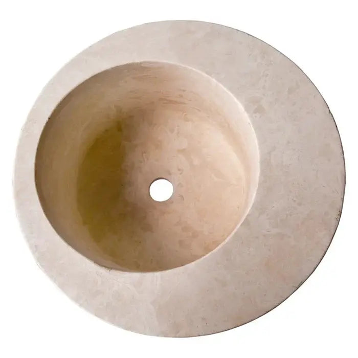 Round travertine bathroom sink, light beige, above-counter design