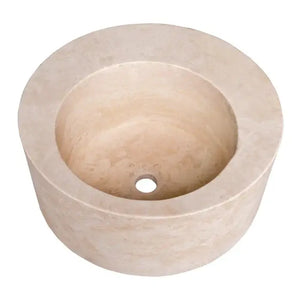 Travertine round bathroom sink; light beige natural stone, above-counter basin