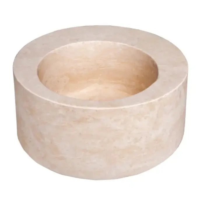 Round travertine bathroom sink, natural light beige above-counter design