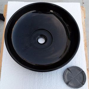 Toros Black Marble Vanity Sink, black stone above-counter bowl with central drain cap.