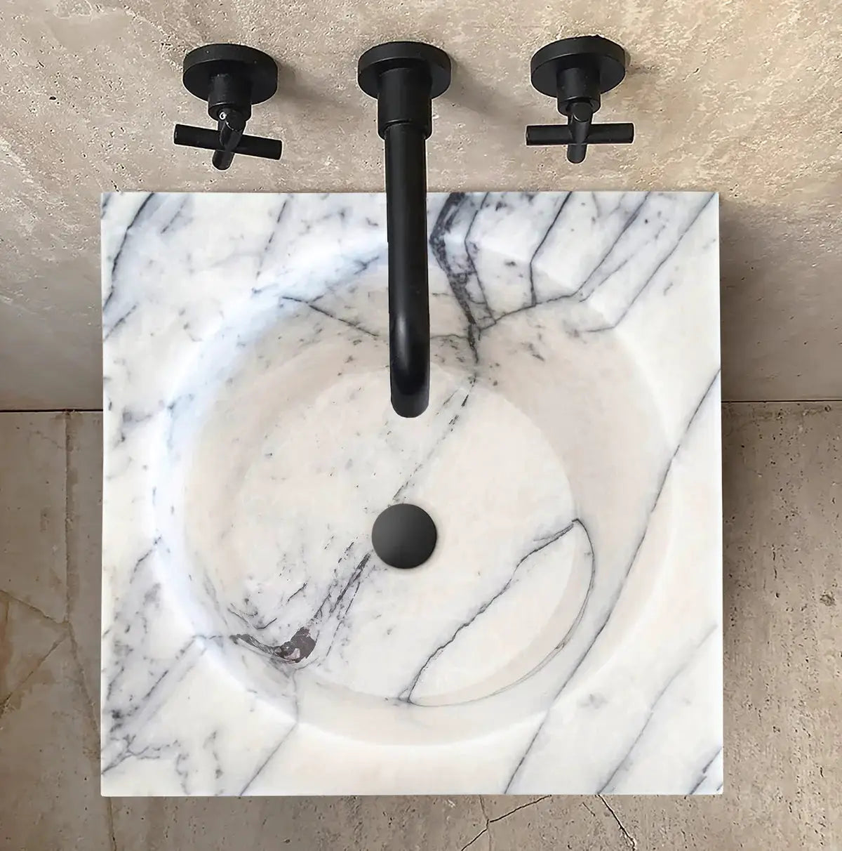 Natural Stone New York White Marble pedestal sink with black matte faucet