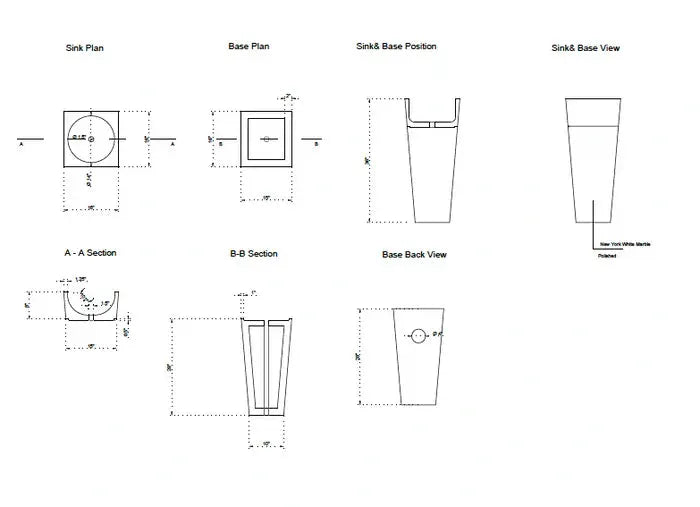 Natural Stone New York White Marble stand-alone pedestal cone-shaped bathroom sink blueprint diagrams by Villohome