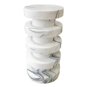 New York Marble Plinth designer side table, white marble, polished, Villohome, 12in dia x 24in high