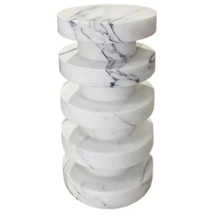 New York Marble Plinth end table by Villohome, polished white marble with stacked disc columns, 12 in dia x 24 in high.