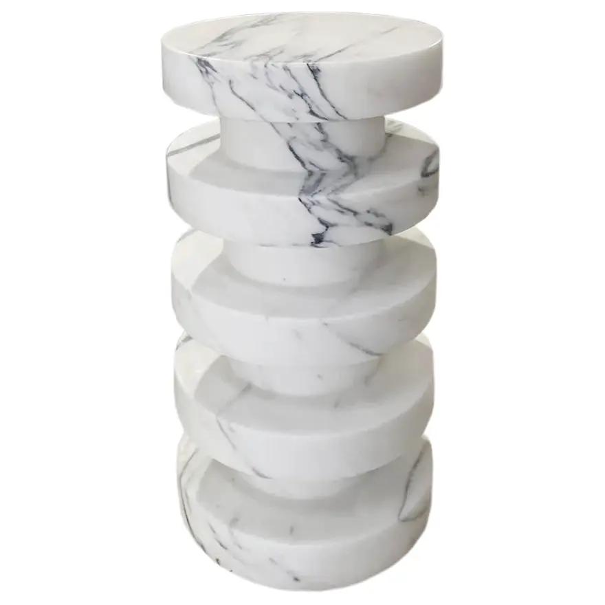 New York Marble Plinth end table by Villohome, polished white marble with stacked disc columns, 12 in dia x 24 in high.