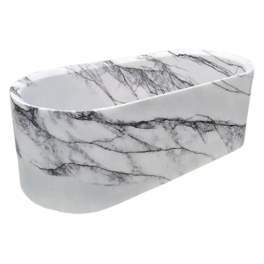 New York Marble Bathtub by Villohome, white marble with gray veining, 32x73x24 in