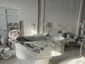 New York Marble Bathtub by Villohome, hand-carved solid marble with white and black veining