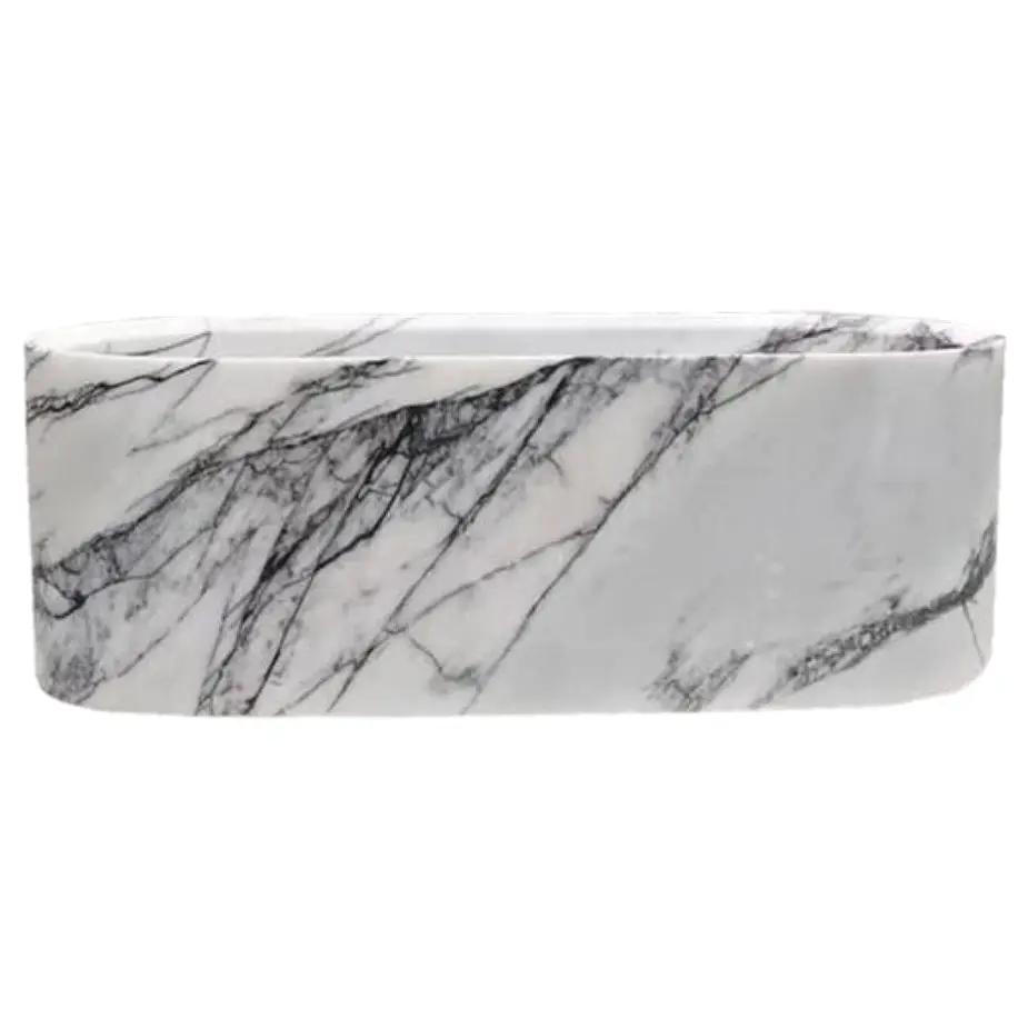 New York Marble Bathtub by Villohome, hand-carved solid marble, white with gray veining, rectangular tub