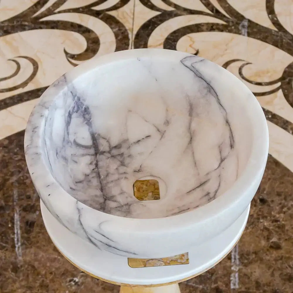 New York White Marble round bathroom sink by Villohome, polished marble with gray veining, 12-inch diameter.