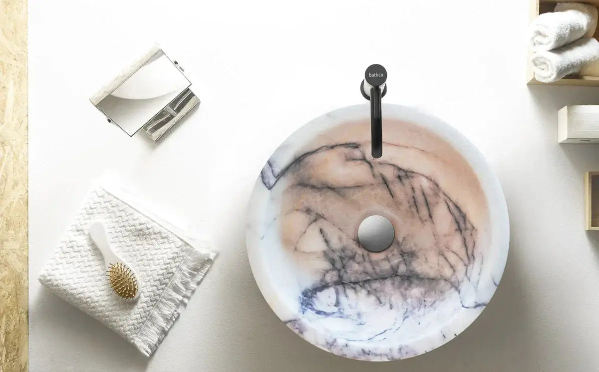 New York White Marble Round Bathroom Sink by Villohome with Bathco faucet, polished finish