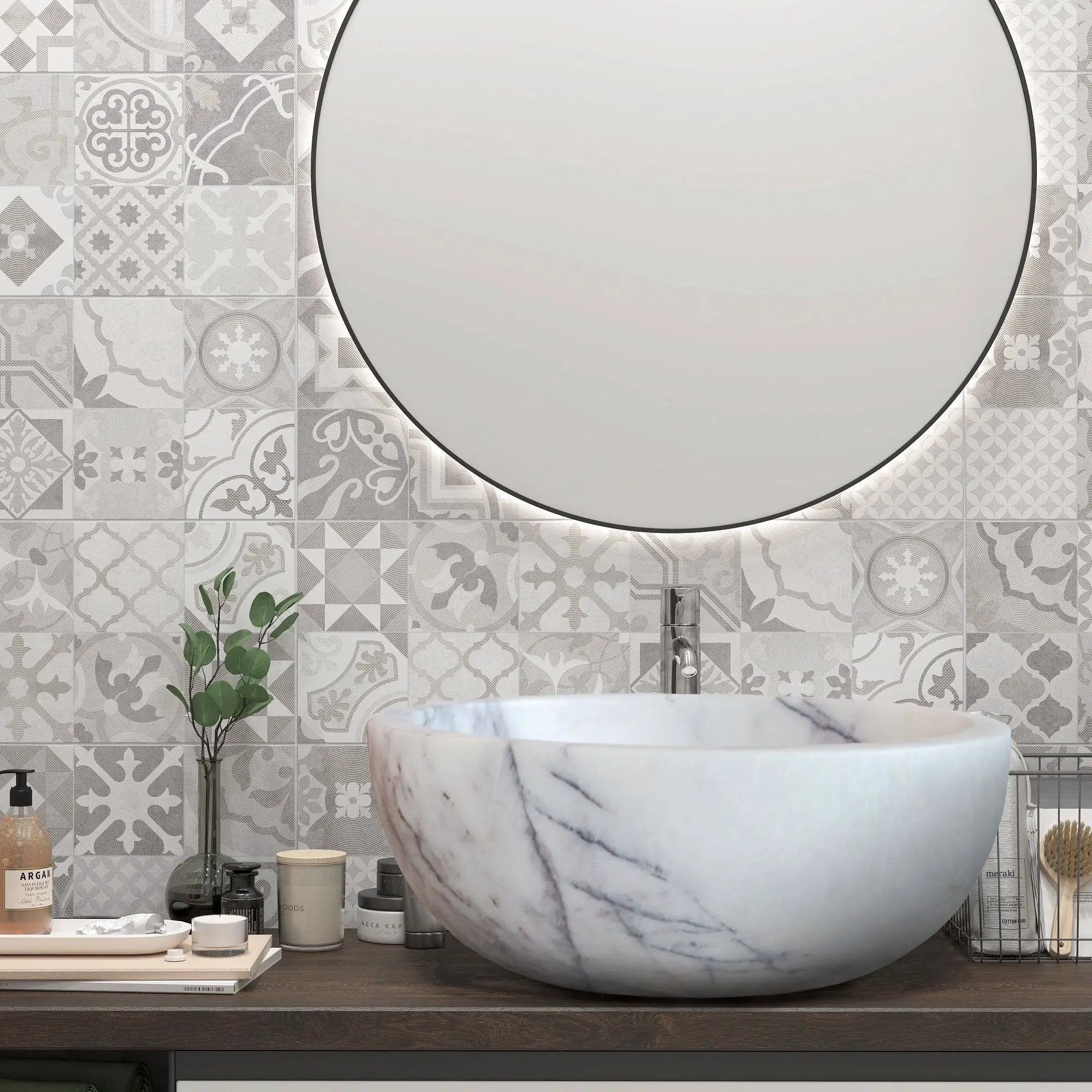 New York White Marble Round Bathroom Vessel Sink by Villohome, polished white with gray veins, 12in dia x 5in high