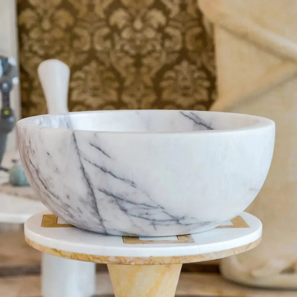 New York White Marble Round Bathroom Sink by Villohome, polished marble bowl with gray veining