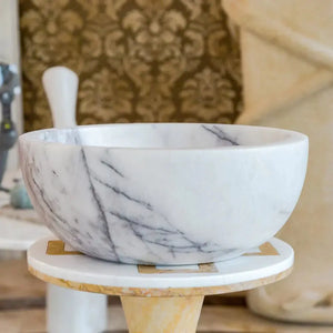 New York White Marble Round Bathroom Sink by Villohome, polished marble bowl with gray veining