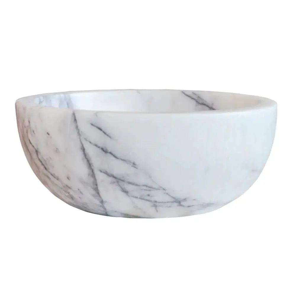 New York White Marble Round Vessel Sink by Villohome, polished white with gray veining, 12-inch diameter