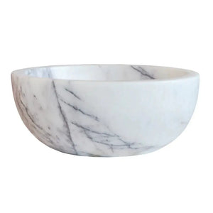 New York White Marble Round Vessel Sink by Villohome, polished white with gray veining, 12-inch diameter