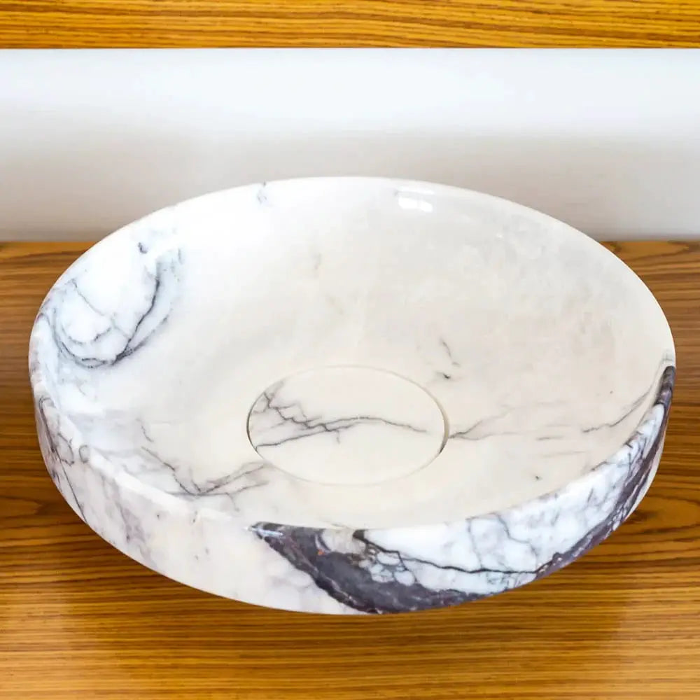 New York Marble round above-vanity bathroom sink by Villohome, polished natural stone with gray veining, 15.5 in. diameter