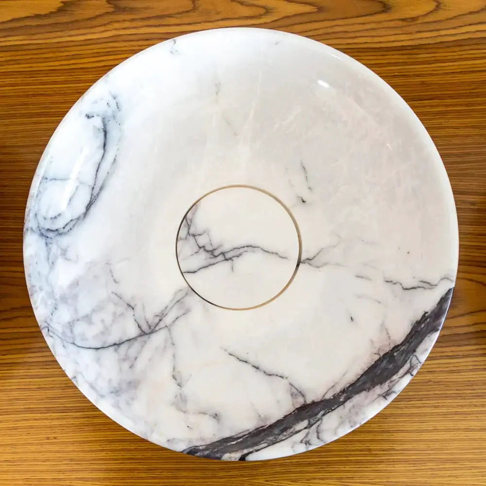 New York Marble round vanity sink, natural stone, polished white with gray veining, Villohome